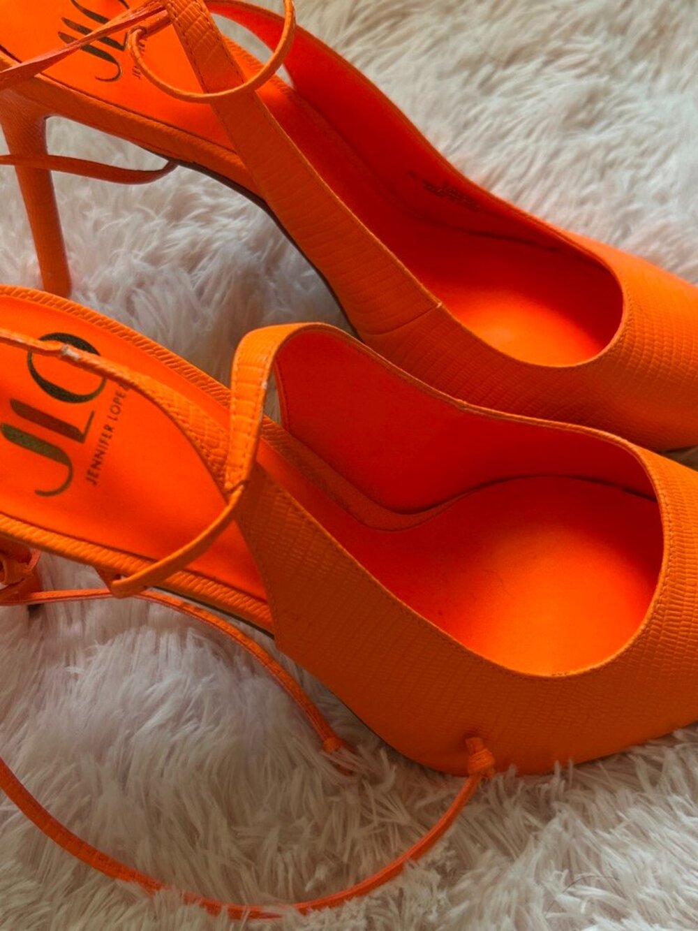 JLO Jennifer Lopez. Neon Orange Stiletto Heels